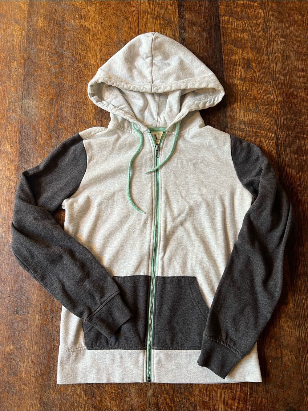 Zine Clothing Light Gray and Charcoal Colorblock Zip Hoodie with Mint Trim